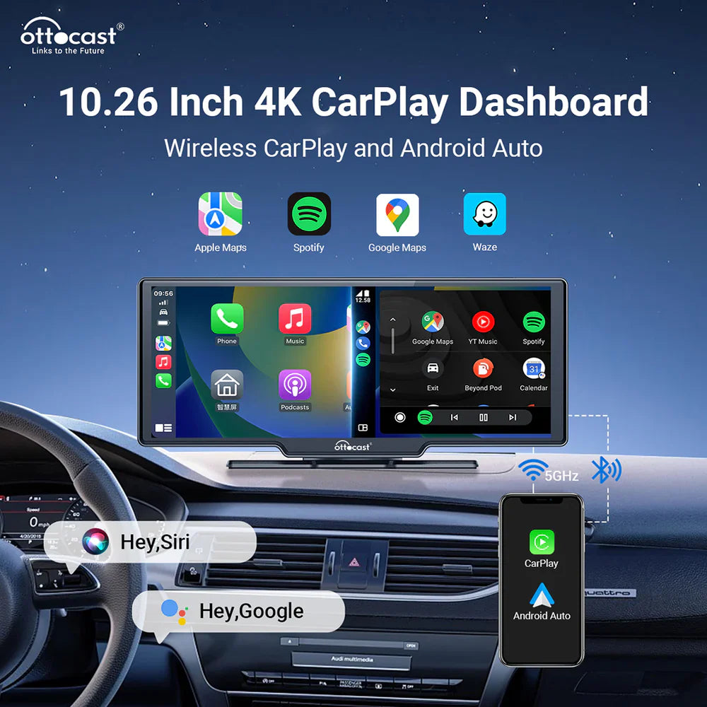 10.26-inch touchscreen display with CarPlay and Android Auto, compatible with all cars!