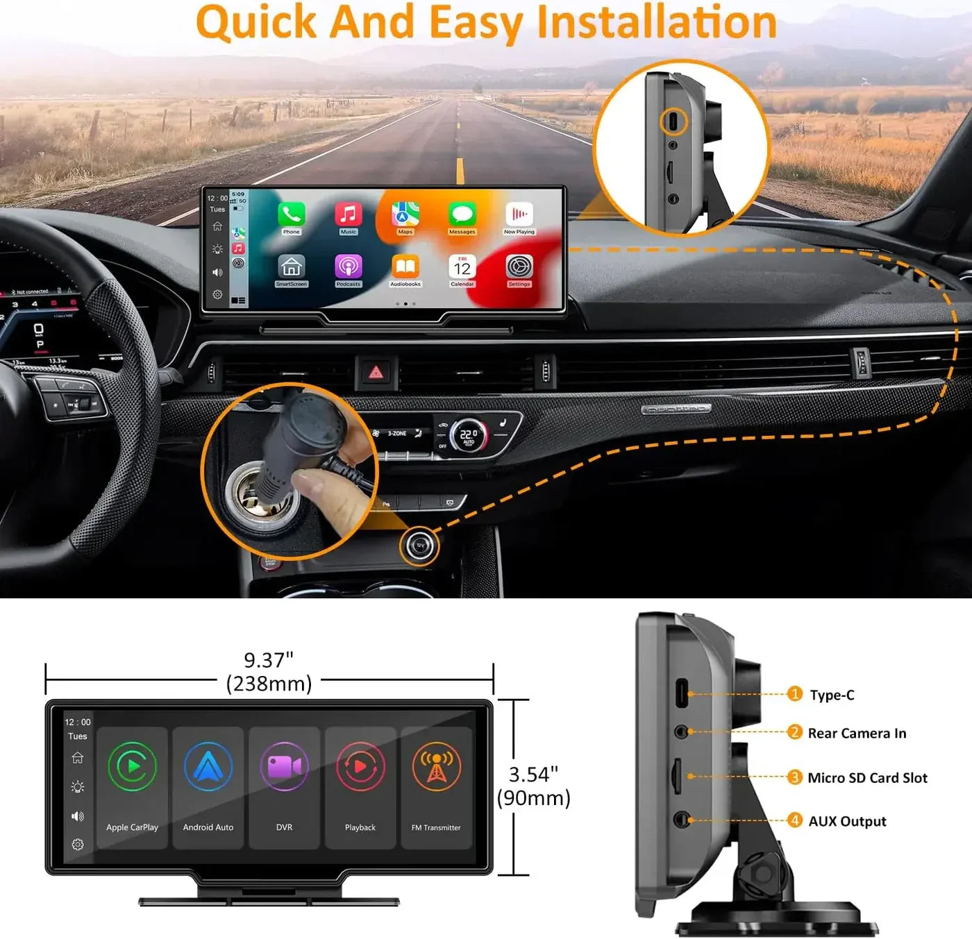 10.26-inch touchscreen display with CarPlay and Android Auto, compatible with all cars!