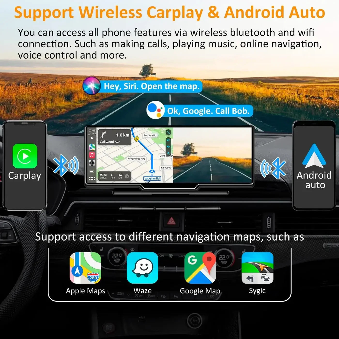 10.26-inch touchscreen display with CarPlay and Android Auto, compatible with all cars!