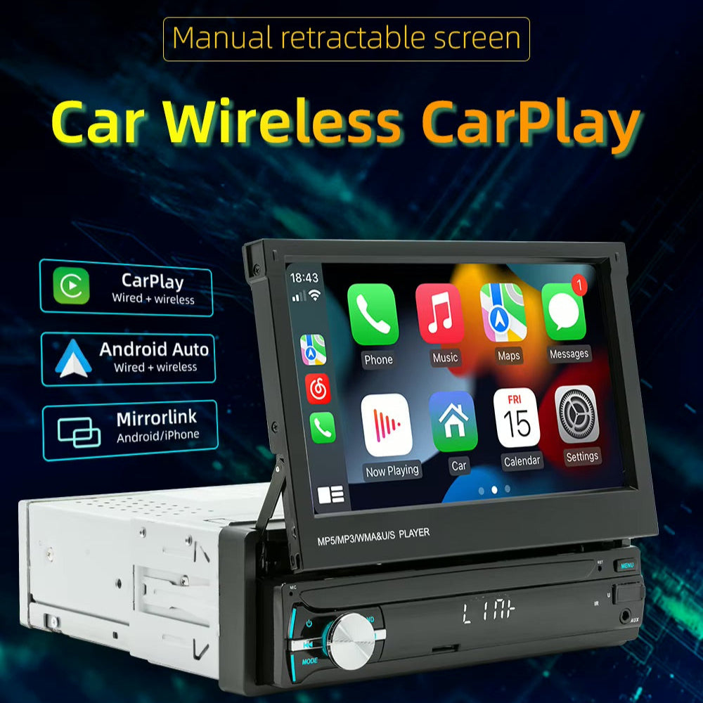 Universal 7-inch multimedia CD player with WiFi, CarPlay, Android Auto, and MP5.